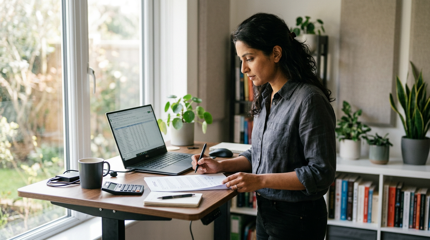 Consultant at a standing desk comparing a contract and spreadsheet to calculate W-2 versus corp-to-corp pay