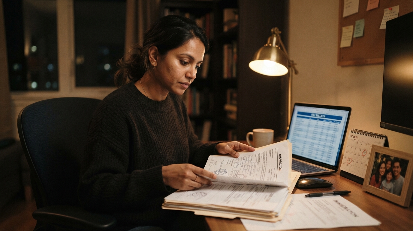Parent reviewing green card paperwork and a visa bulletin chart at a home desk at night