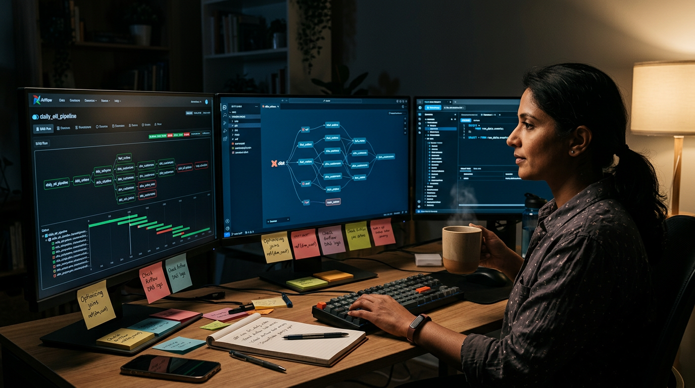 Data engineer reviewing Airflow and Snowflake dashboards on multiple monitors at night