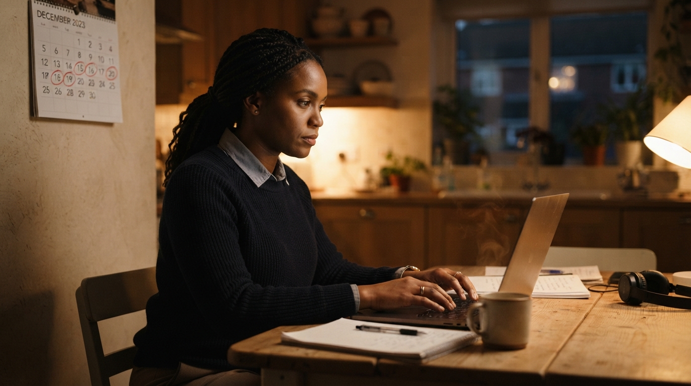 Contract consultant working at a laptop at home during mid-December evening hours