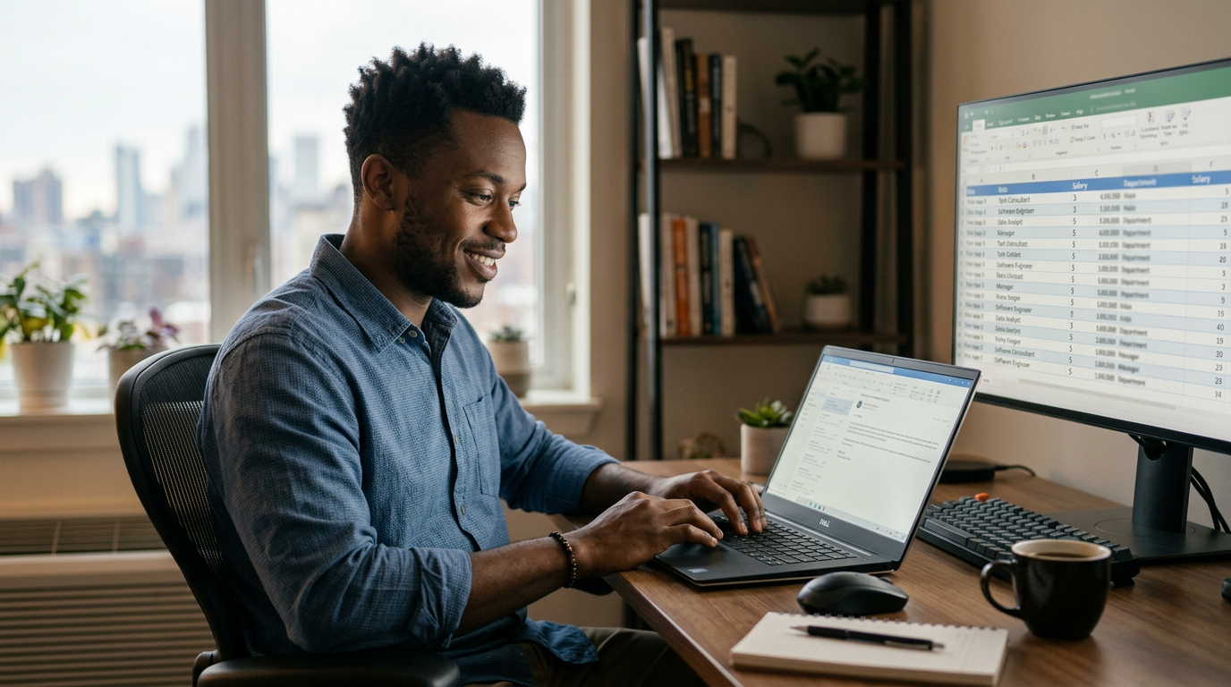Consultant at a laptop reading a recruiter email with a wry expression in a home office
