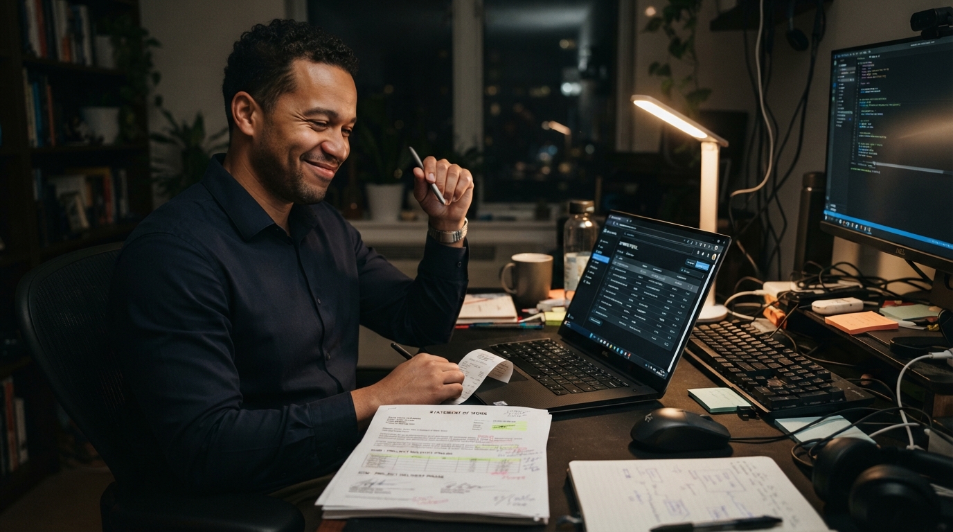 Contractor at a laptop reviewing a parking receipt and expense portal late at night