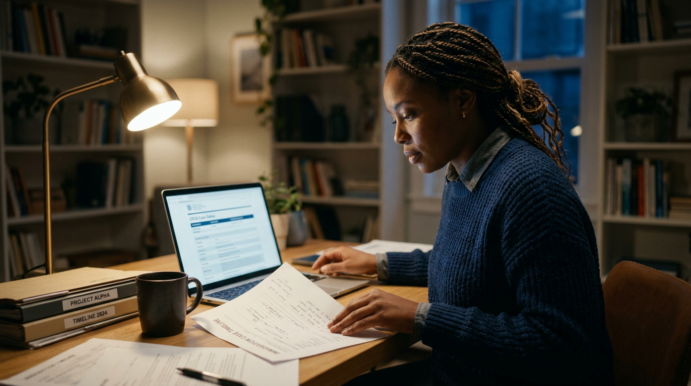 Consultant reviewing immigration case documents and laptop at a home desk at night
