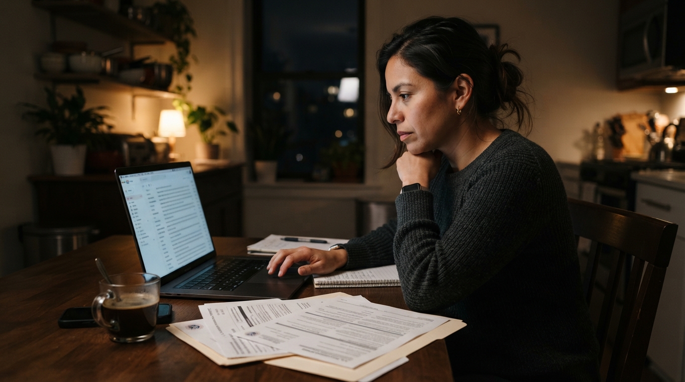 Consultant reviewing immigration documents at a kitchen table after an H-1B transfer denial