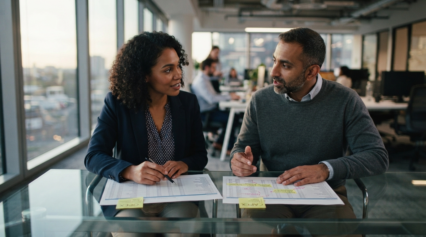 Finance and project leads reviewing separate opex and capex budget spreadsheets at a conference table
