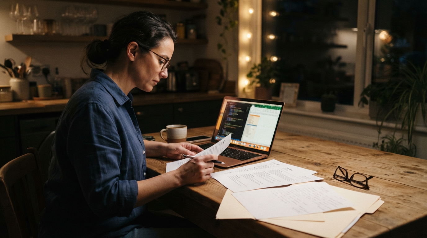 Consultant at a kitchen table at night comparing three printed resume versions beside a laptop