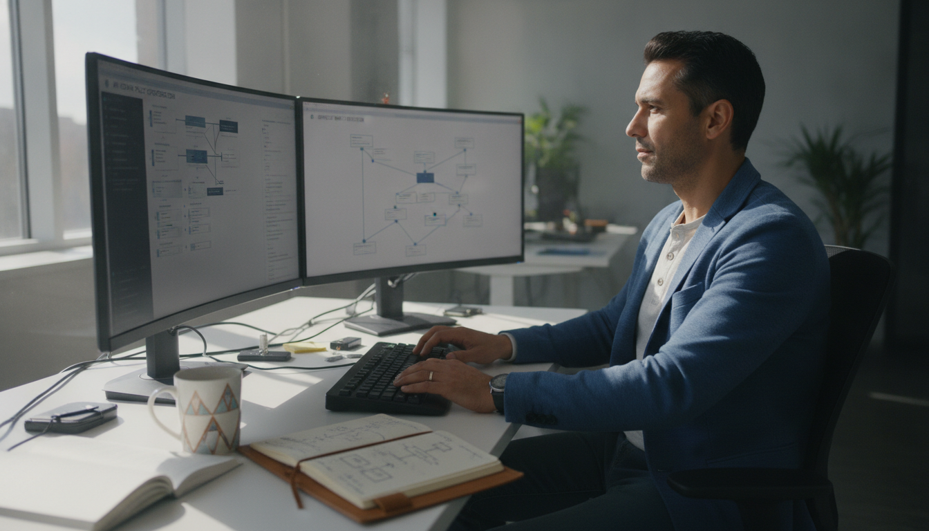 Integration engineer reviewing API gateway policy dashboards across multiple monitors