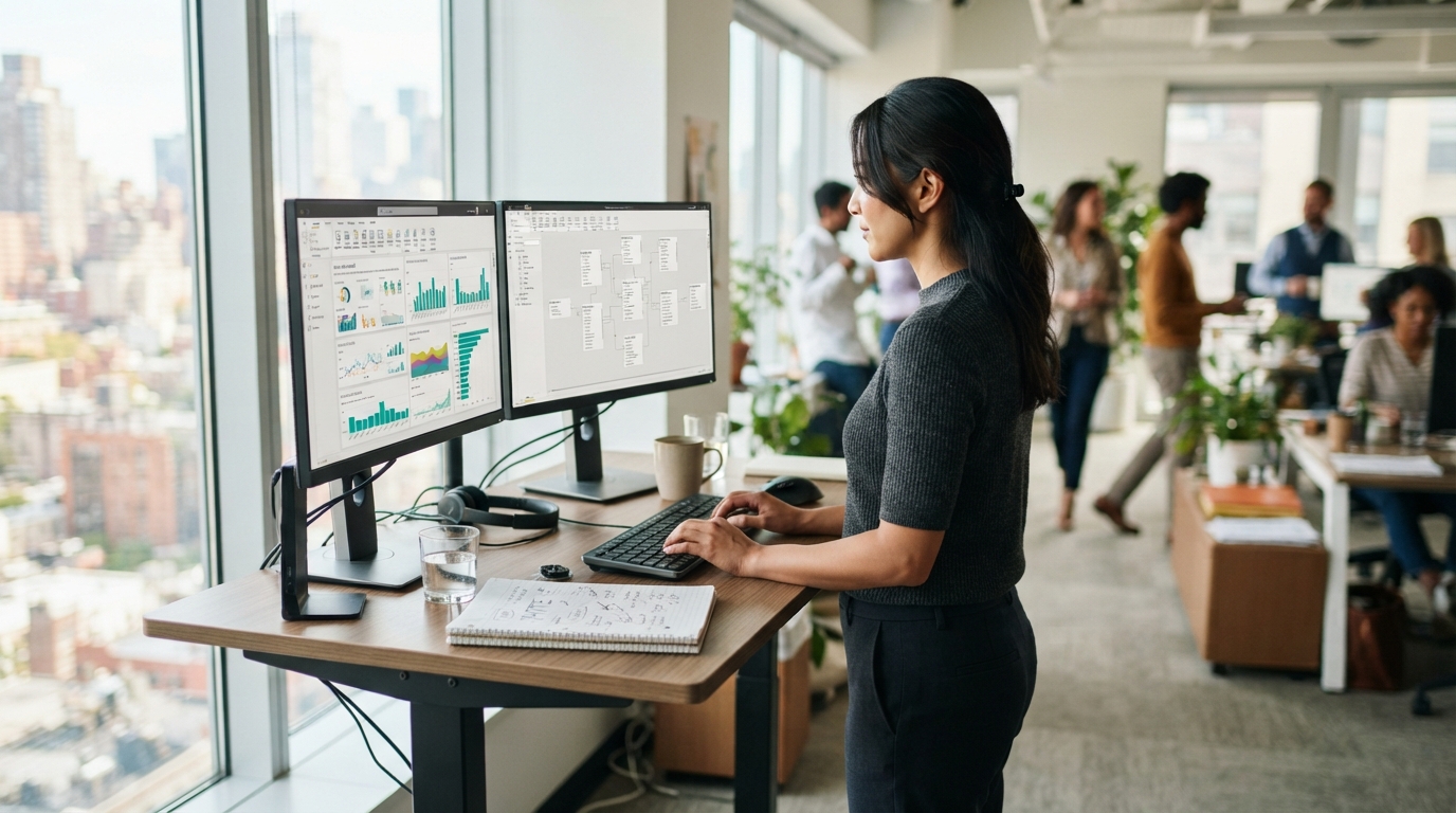 BI consultant at a standing desk reviewing a dashboard and data model on dual monitors