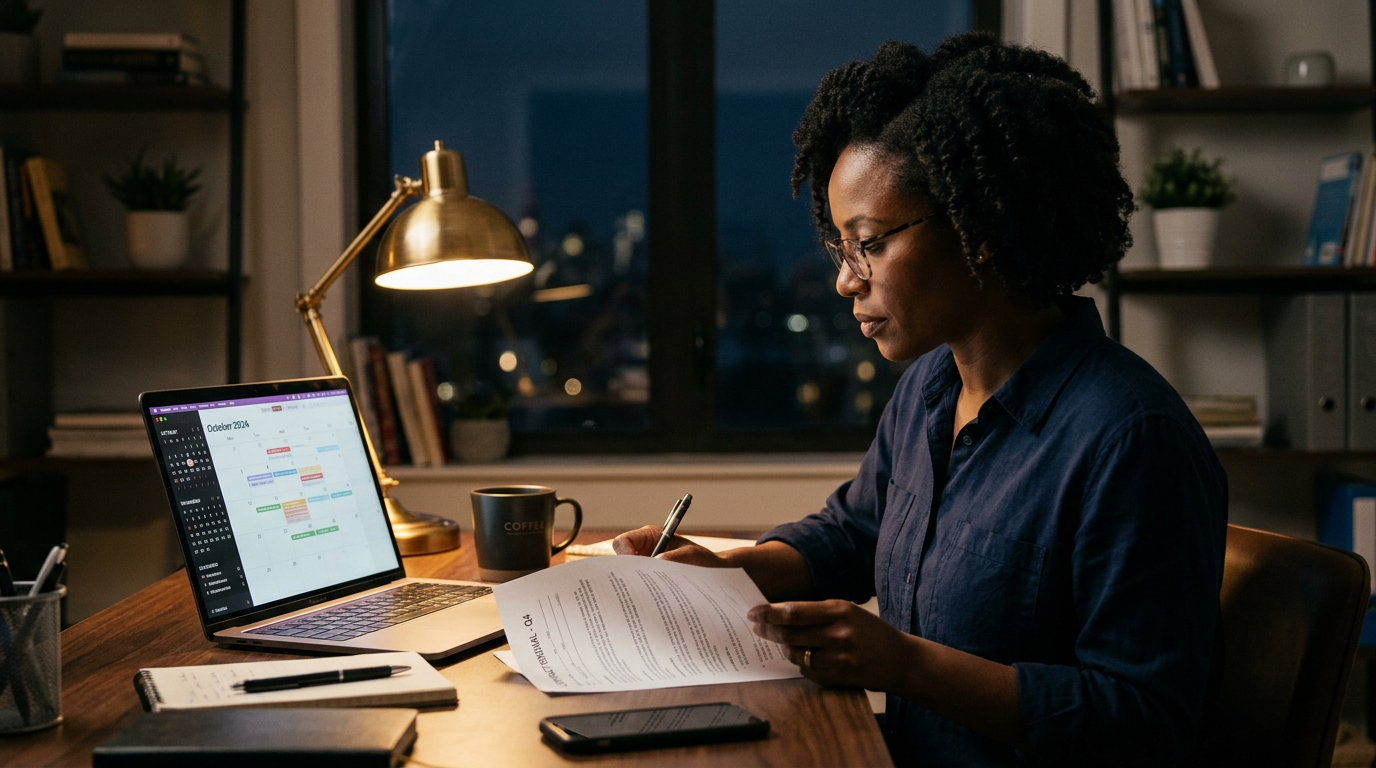 Consultant reviewing a Q4 contract renewal and calendar at a home desk at night