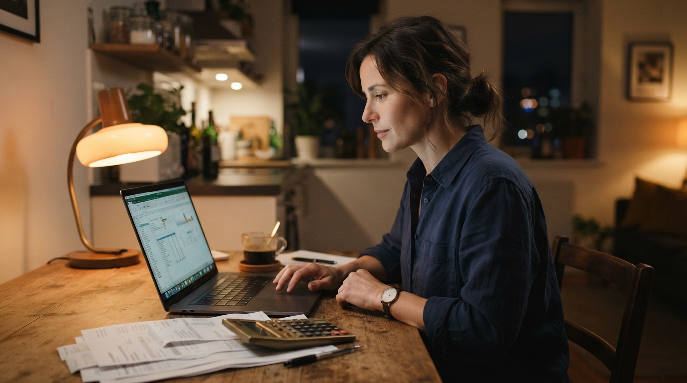 Consultant reviewing invoices and a laptop at a kitchen table while calculating quarterly estimated taxes
