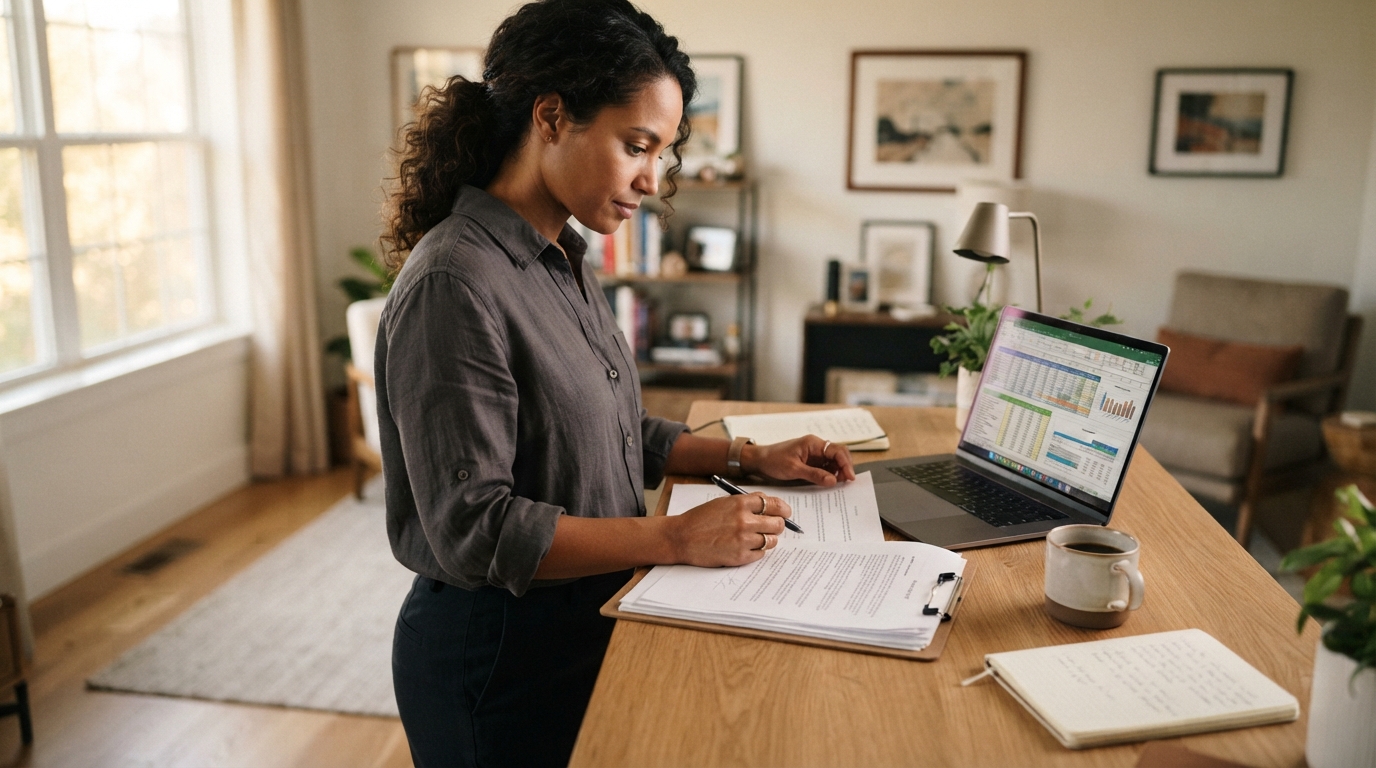 Consultant at a standing desk comparing a printed contract against rate data on a laptop