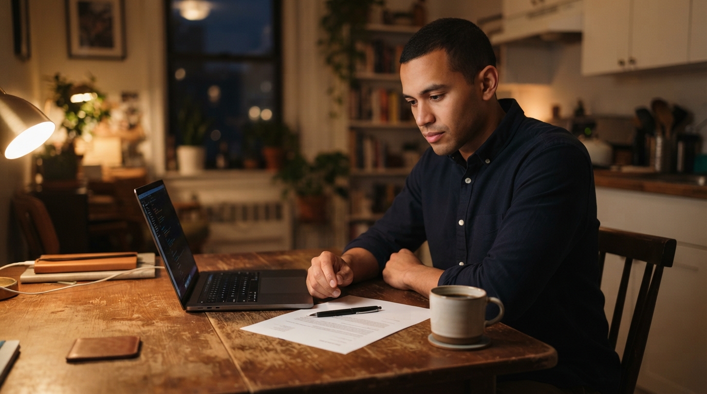 Young professional reviewing a printed US offer letter beside a laptop at a kitchen table at night
