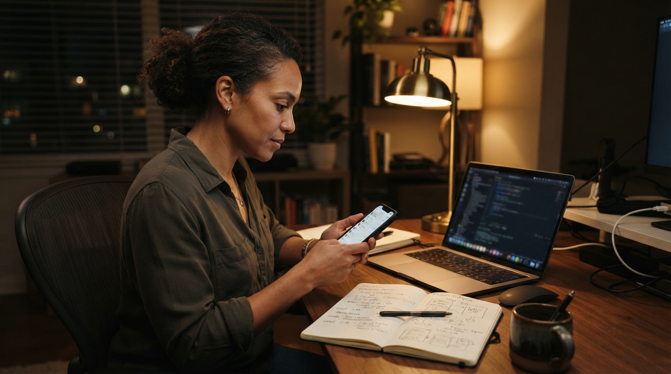 Consultant at a home desk at night reviewing a list of professional contacts for a reference