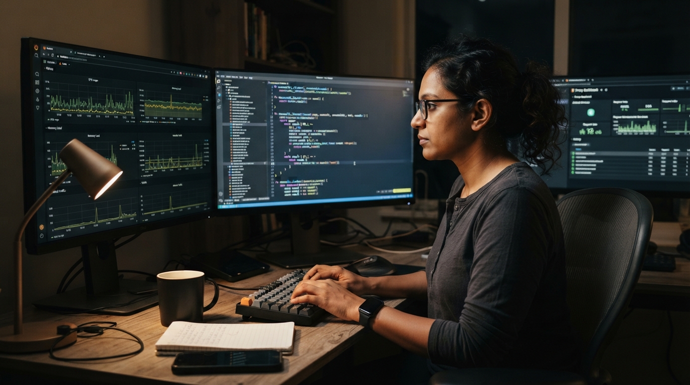 Engineer at a multi-monitor desk reviewing Rust code and infrastructure dashboards at night