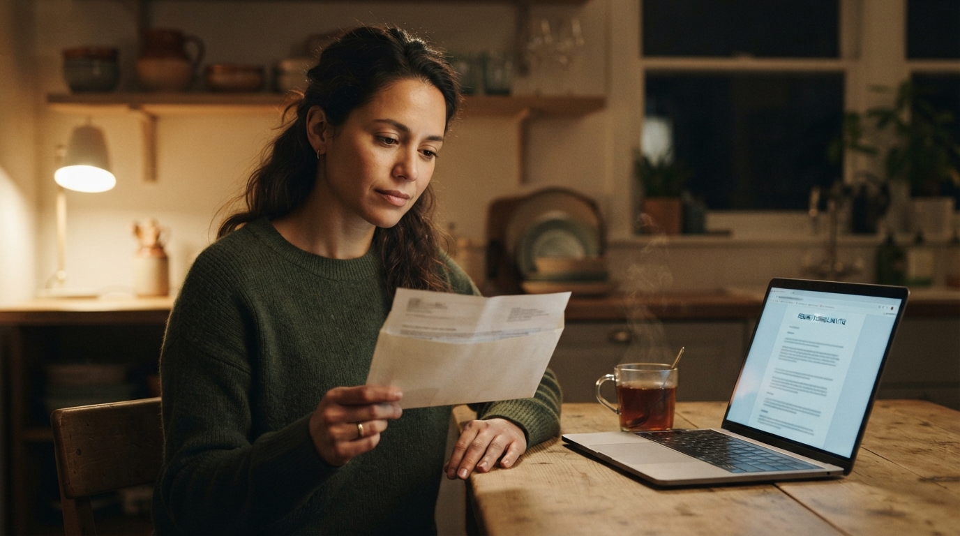 Woman at a kitchen table at night holding an opened envelope beside an open laptop with a resume