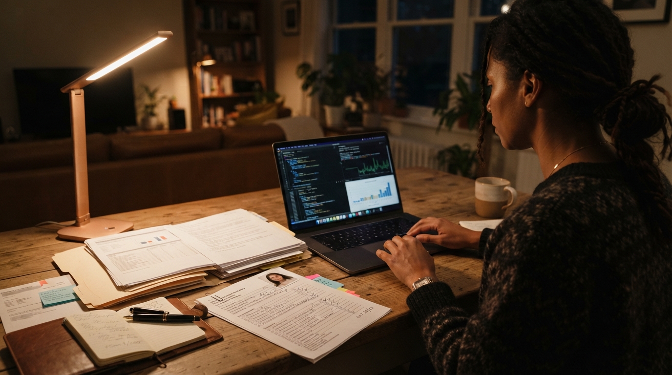 Consultant reviewing visa stamping documents and appointment checklist at a kitchen table at night